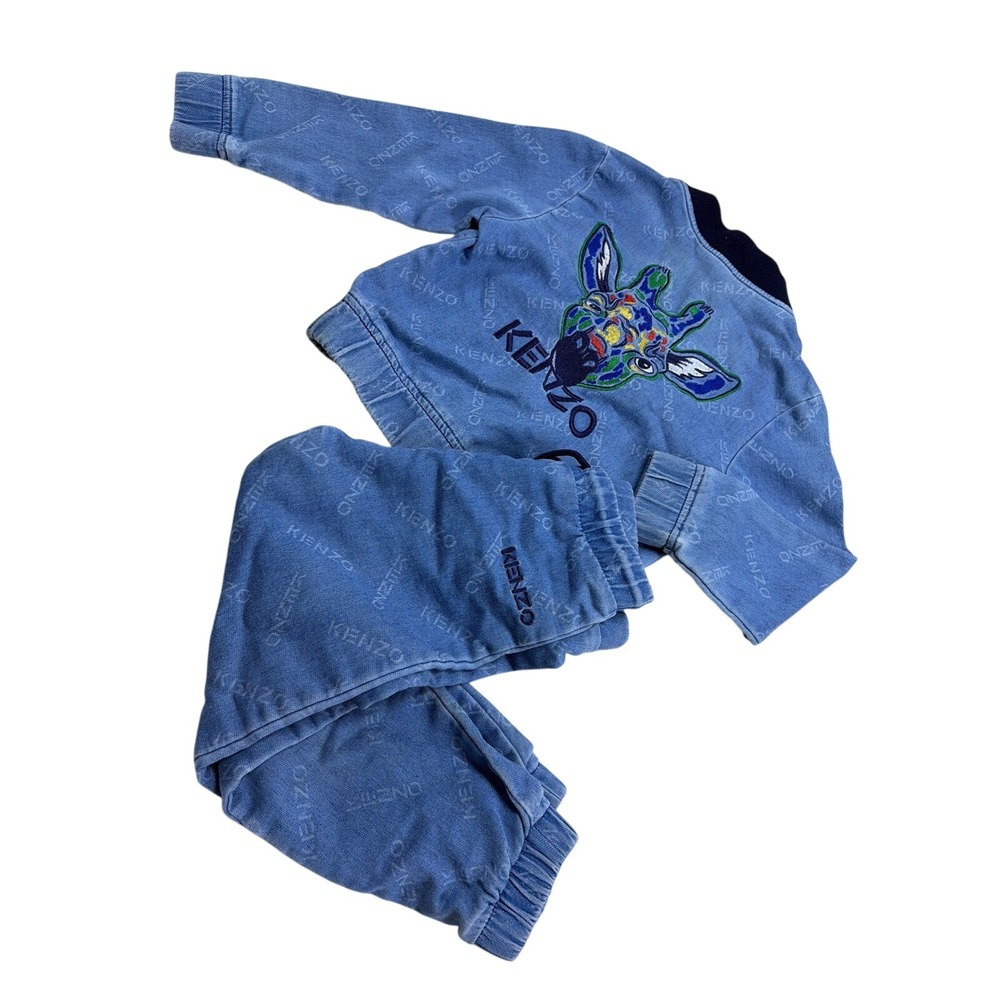Kenzo Kids Blue Denim Wash Giraffe Logo Tracksuit Set Jacket Pants 4A 104cm
